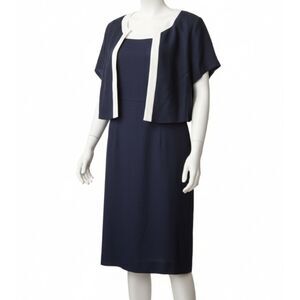 Donna Ricco Vintage Navy Blue White Trim Midi Dress & Jacket Set 12